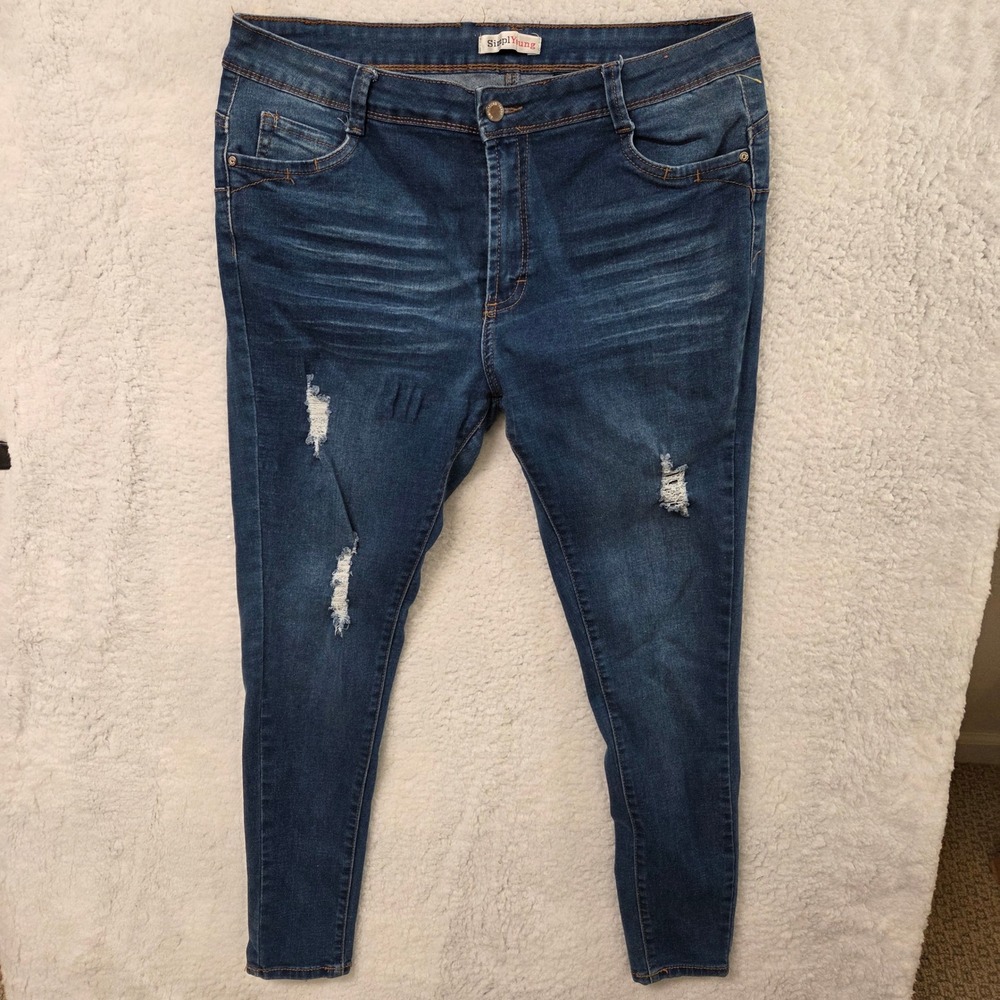 SimplYoung Women Jeans Blue Denim Distressed Skinny‎ Leg Size 16